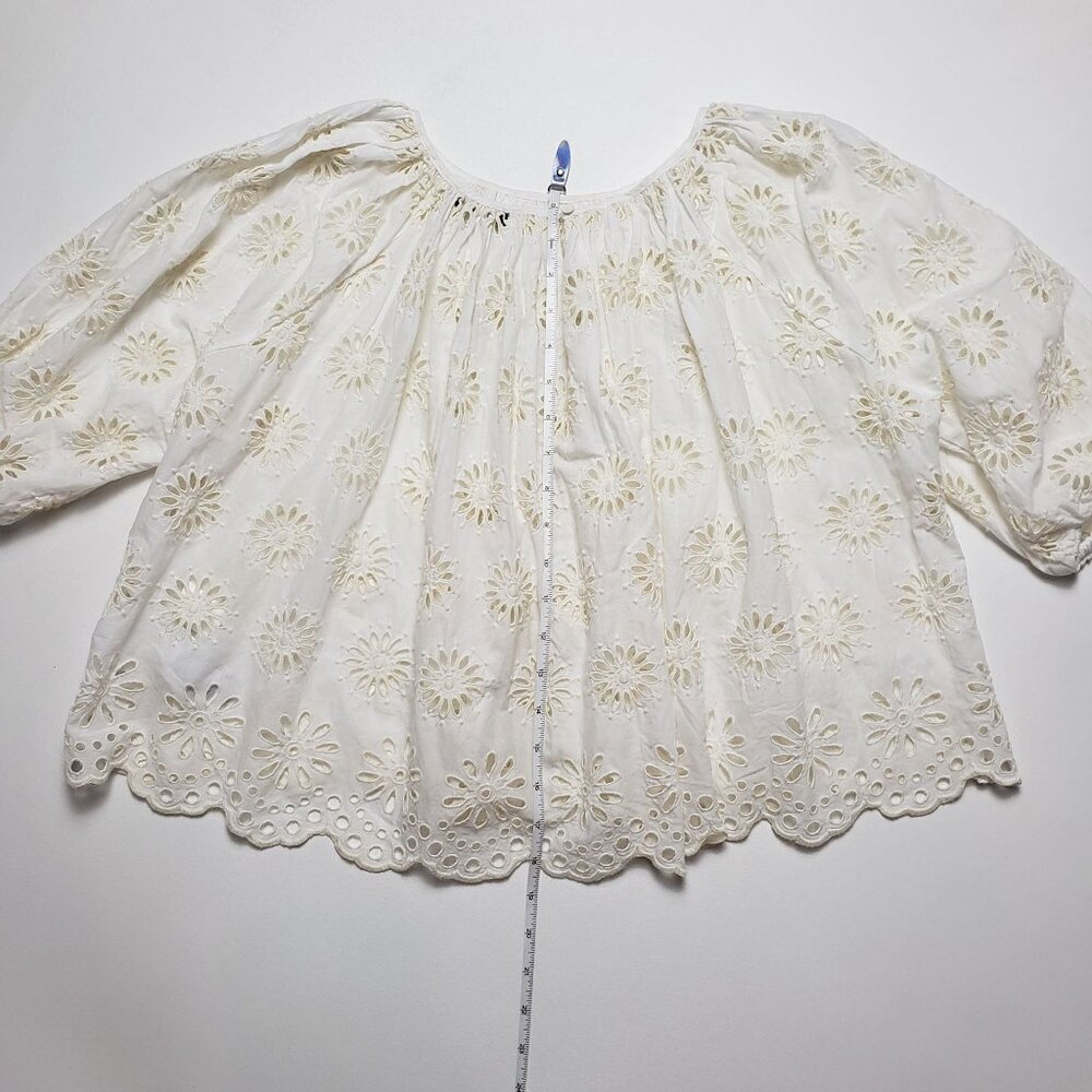 Madewell Embroidered Shirred Puff-Sleeve Top Women's Small Ivory Floral Eyelet - Picture 7 of 16